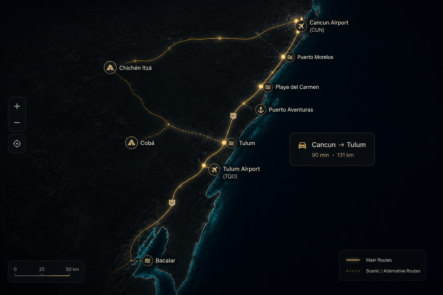 Mapa de rutas en la Riviera Maya